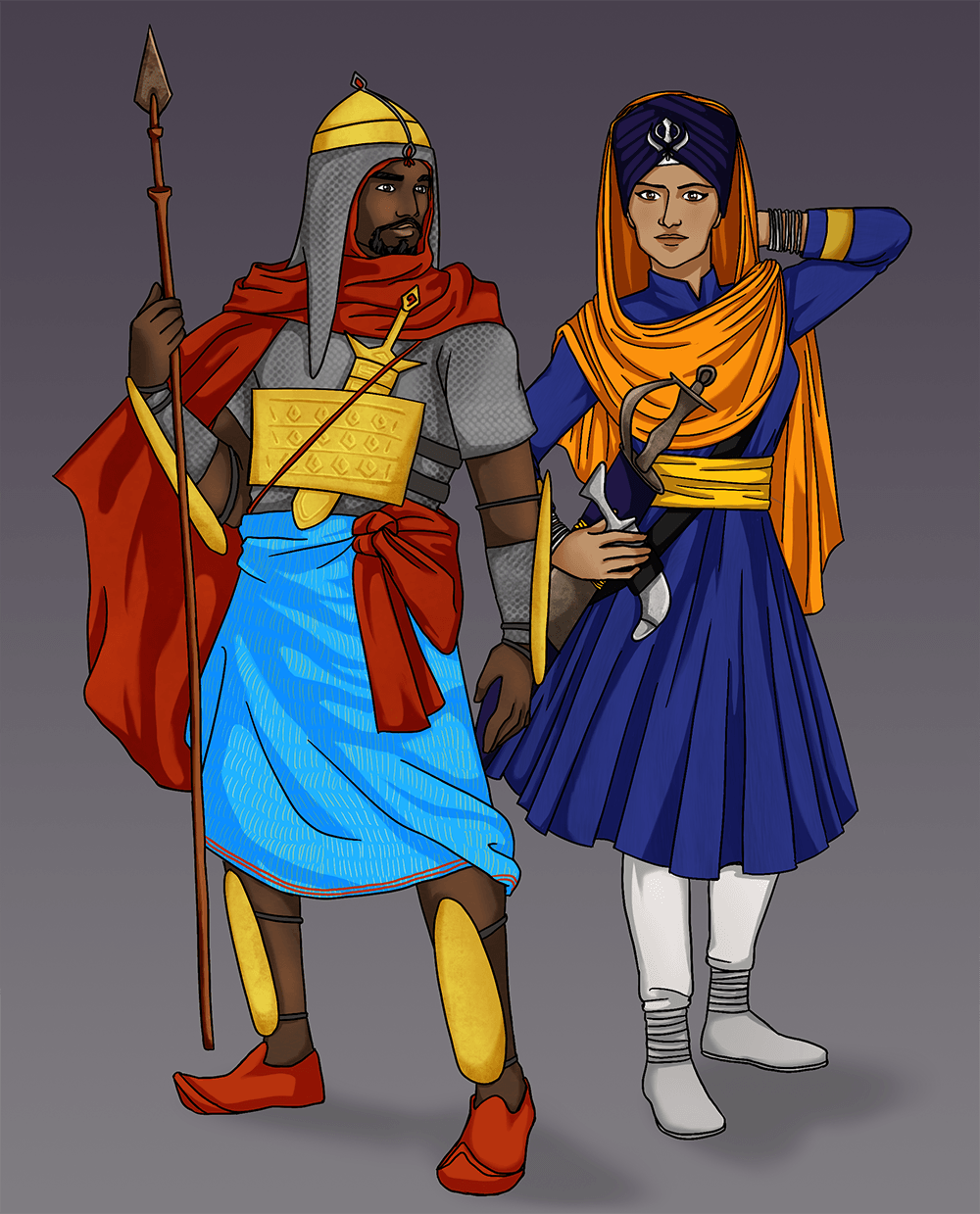 Warriors<br/>Character design artwork using Moor and Sikh cultural clothing